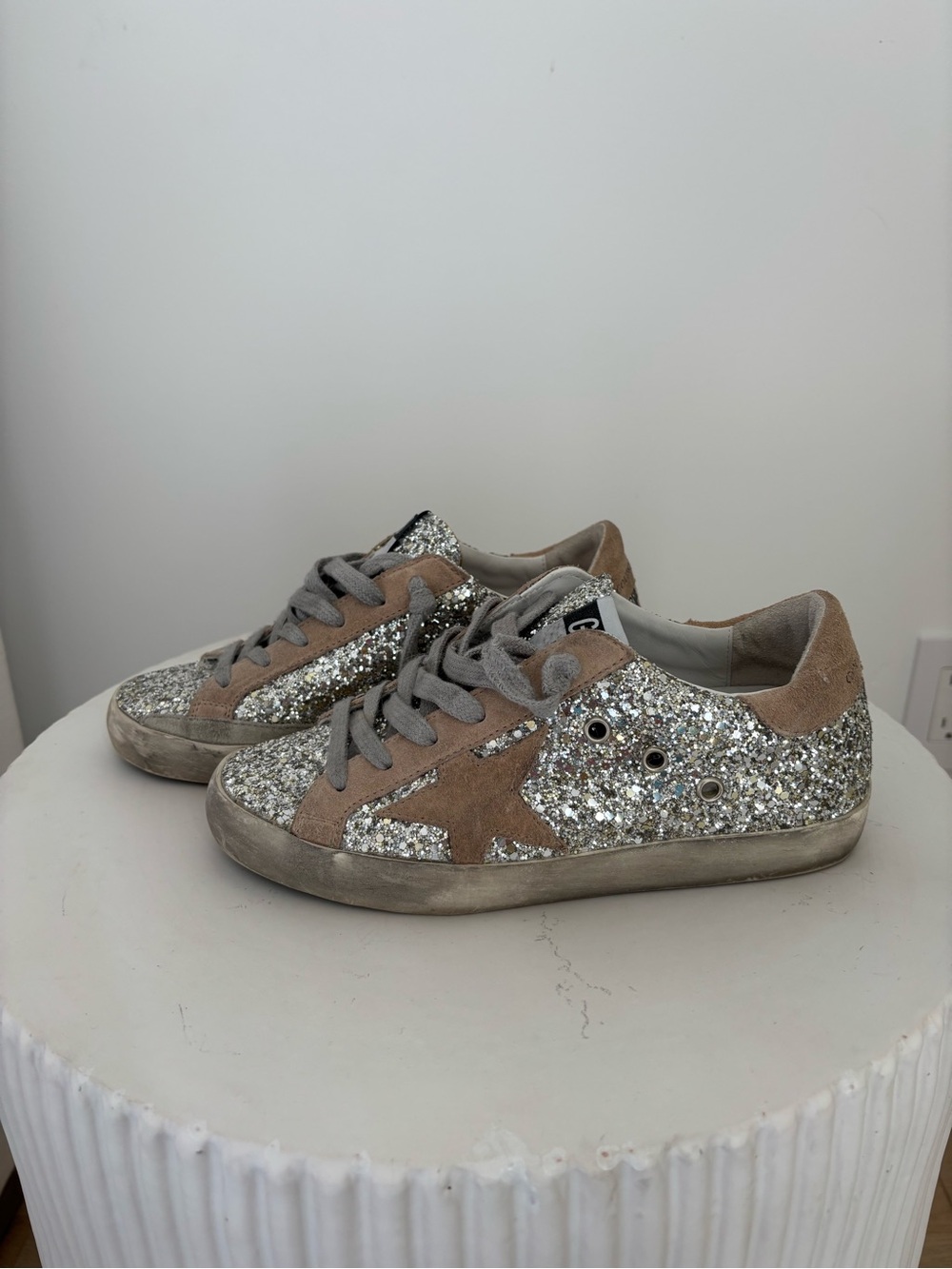 Golden Goose All-Star Women’s Glitter Sneaker in Silver and Tan Suede